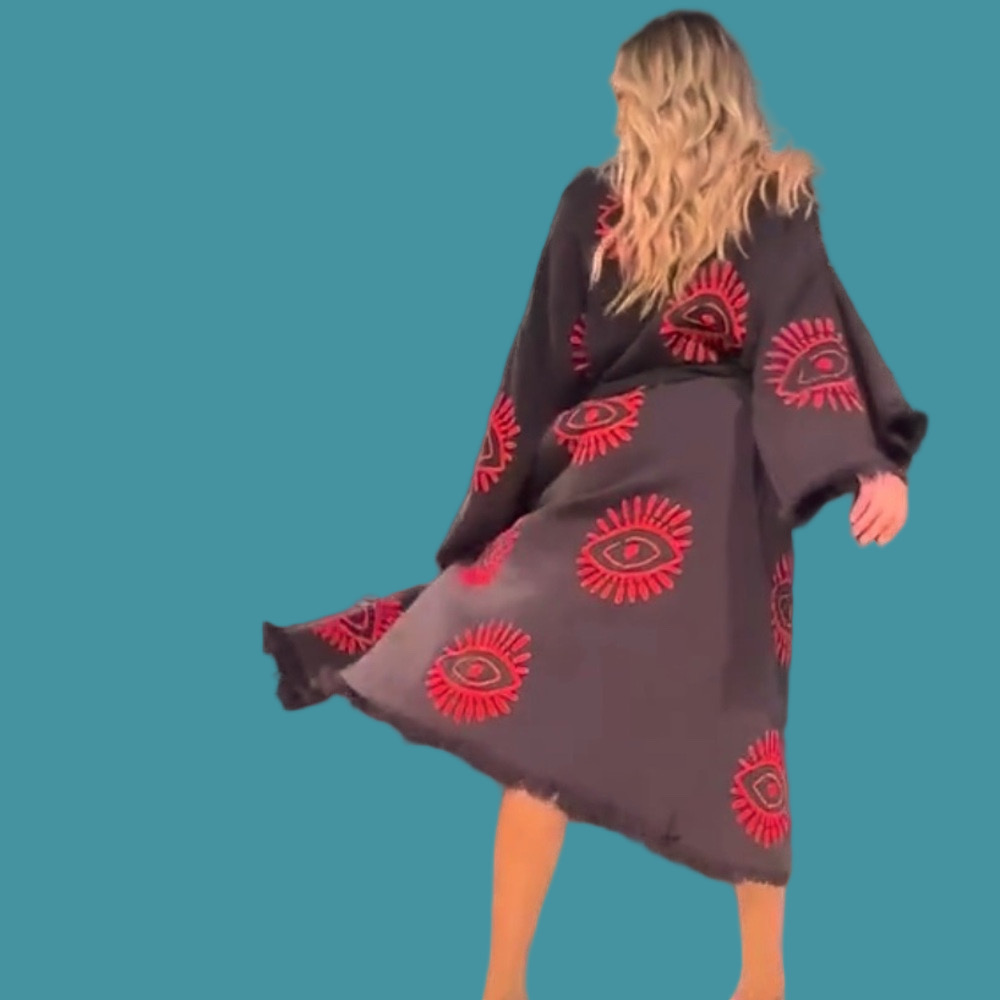 Red Eye Woven Kimono Duster Robe Black Runway Boho Resort Cover Up NEW - Picture 5 of 10